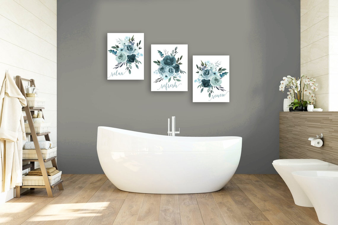 TURQUOISE BATHROOM Wall Art Set Watercolor Floral Prints or Etsy