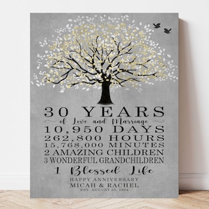 30th Anniversary Gifts for Couples, 30 Years of Marriage Personalized Sign Tree Love Birds Blessed Life Print / Canvas 30th Anniversary