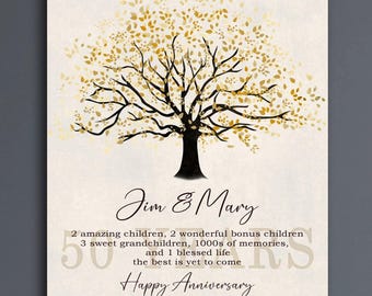 50th anniversary gifts for parents, Personalized 50 year golden anniversary 50th family tree custom print, canvas or framed 50th Mom Dad
