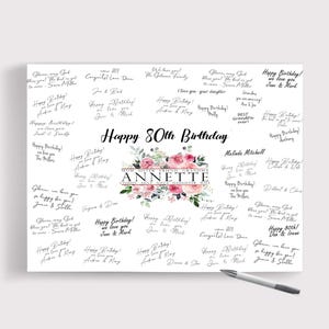 Guestbook 80th Birthday Women, Alternative  Guest Book, Canvas Print  Personalized Name Rose Gold Pink Floral, Signed by guests Gift For Her