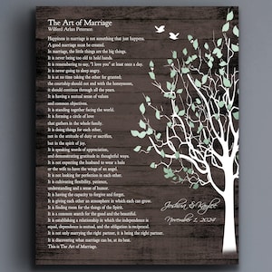 The Art of Marriage Poem, wedding gift for couple,  Personalized names, wedding date, tree unique, modern rustic decor sage green or custom