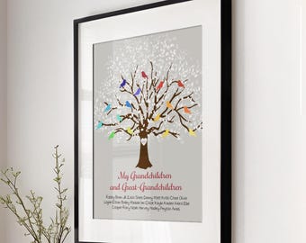 May include: A framed wall print featuring a brown tree with white leaves on a grey background. Colourful birds are perched on the branches. Below the tree, the text reads My Grandchildren and Great-Grandchildren followed by a list of names.