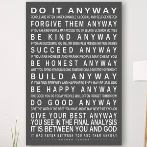 DO IT ANYWAY Large Sign Canvas Print Quote by Mother Teresa Print Gift Typography Art Inspirational Subway Sign Motivational Poster