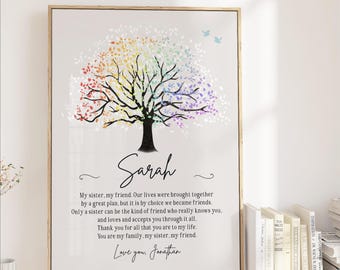 Sister Gift, Christian Wall Art with Custom Poem & Names, Personalized from Brother or Sibling, Colorful Tree with Birds Keepsake Gift