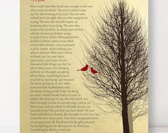 Poema de agradecimiento para mamá, idea navideña personalizada con nombre, frase conmovedora, pájaros cardenales, arte de árbol, regalo personalizado, de parte de un hijo o hija.