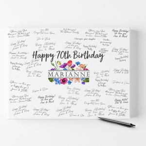 Geburtstags-Gästebuch Alternative zum 70. Geburtstag, Leinwand mit Name personalisiert Blumendesign signiert von Gästen, 70 Jahre Geschenk für ihr Gästebuch