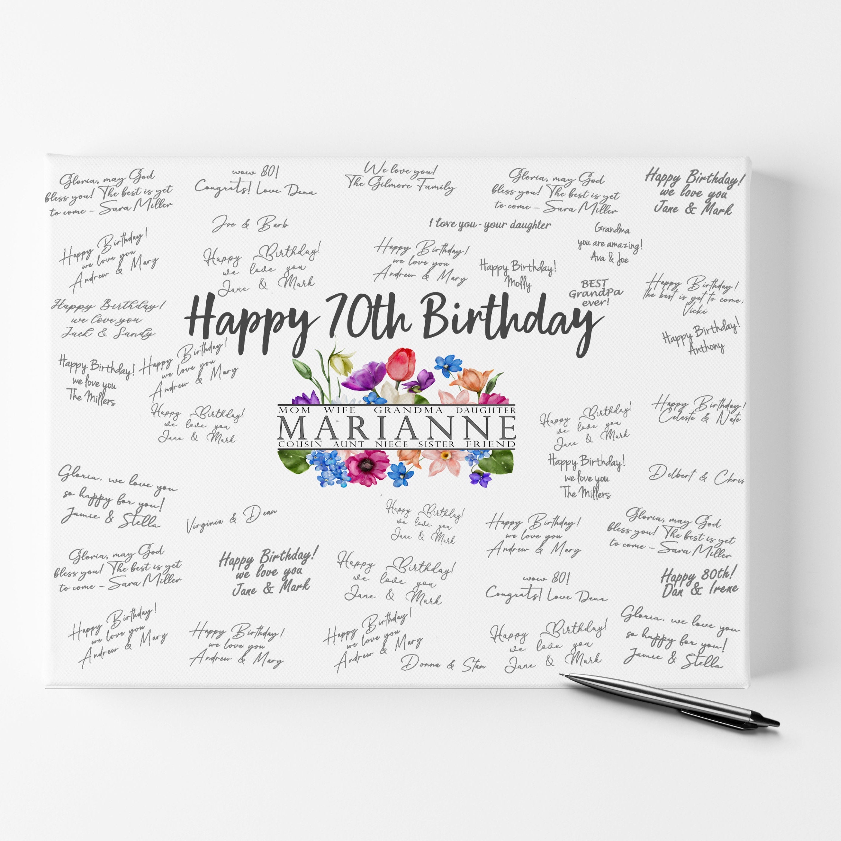 Birthday Guest Book Alternative 70th Birthday, Canvas Personalized with Name Floral Design Signed by guests, 70 Years Gift For Her Guestbook