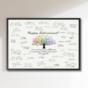 May include: A framed retirement guest book with a black border. The artwork features a colorful tree with the words "Happy Retirement!" and personalized signatures. The text "Never underestimate the difference you've made and the lives you've touched" is also included.