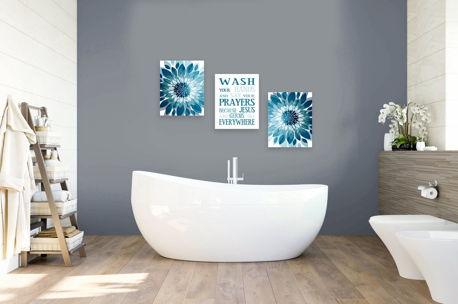 AQUA TEAL BATHROOM Wall Art Set Wash Your Hands Germs Jesus Etsy
