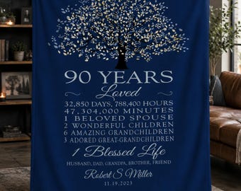 90 Years Loved Birthday Blanket, 90th Birthday Custom Gift Idea Loved Throw Blanket Personalized Gift Idea  for Grandpa Great-Grandparent