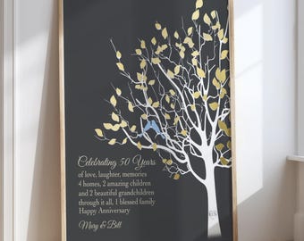 50th Anniversary Gift, Custom Words, Spouse, Parents, Couple Golden Wedding Anniversary, Family Tree, Modern Minimalist Wall Art
