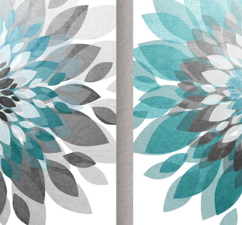 Turquoise Gray Abstract Flower Art Wall Decor Prints or CANVAS Etsy