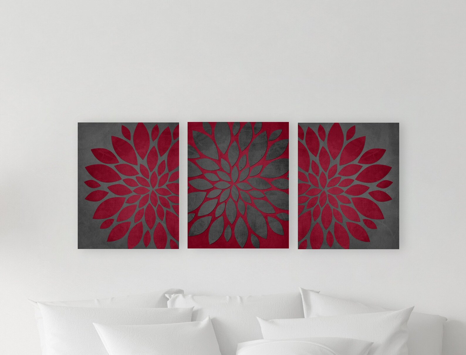 RED GRAY Wall Art Set Floral Botanical Bedroom Family Etsy