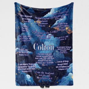 Scripture Affirmations Blanket, Celestial Blue Throw Blanket Boys, Teens, Galaxy Blues Greens Religious Gift for Christian Guys  Girls
