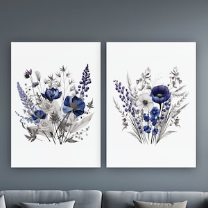 Fleurs séchées bleu marine et gris, grand lot de 2 oeuvres d'art mural floral, estampes modernes esthétiques ou oeuvre d'art TOILE pour salle de bain, chambre à coucher
