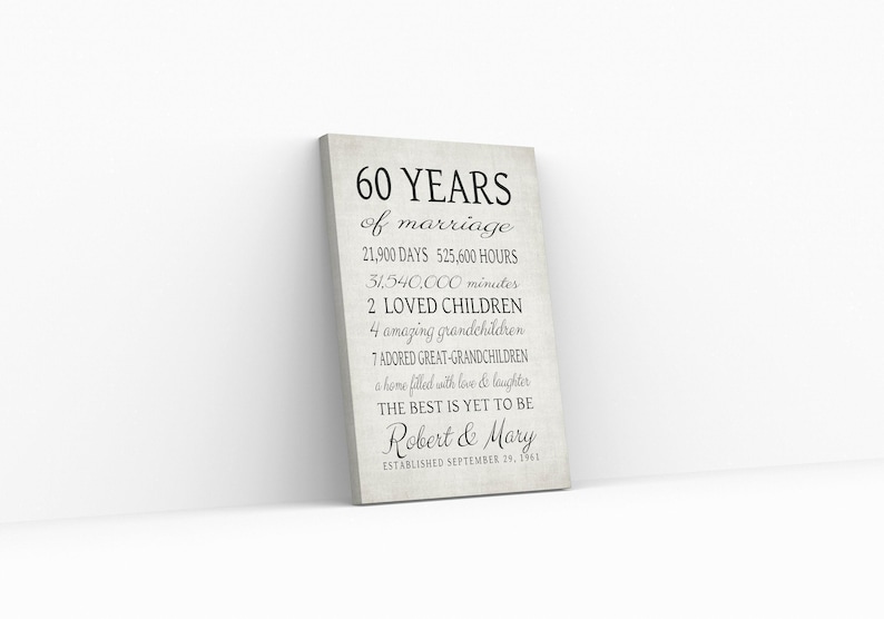 Cadeau 60e verjaardag GEPERSONALISEERD TEKEN, cadeau voor ouders, grootouders, echtgenoot 60 jaar getrouwd - print of canvas Diamond Anniversary Art afbeelding 2