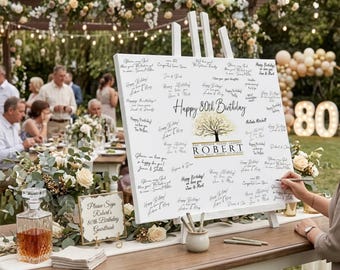 Birthday Guest Book Alternative Canvas 80th Personalized  Name Gold Tree Design Happy Birthday Signed by guests, Birthday Gift For Him Party