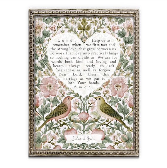 Marriage Blessing Prayer Wall Art : Christian Wedding Gift Print or Canvas, Personalized 1st Anniversary, Botanical Vintage Love Birds Heart
