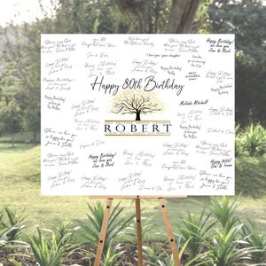 Birthday Guest Book Alternative Canvas 80th Personalized  Name Gold Tree Design Happy Birthday Signed by guests, Birthday Gift For Him Party