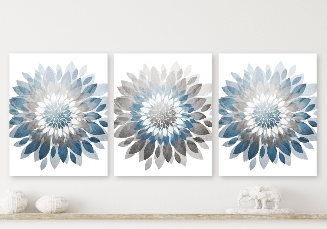 Blue Flower Wall Art, Set of 3 Canvas or Prints, Abstract Florals