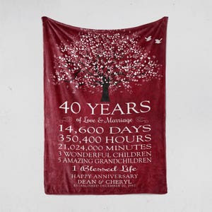 May include: Burgundy blanket with a white tree design and text. The text reads "40 YEARS of Love & Marriage" with additional text about the couple's anniversary, including the names Dean & Cheryl and the date December 20, 1982.