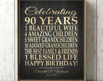 90th BIRTHDAY GIFT Sign Print Personalized Grandma Birthday Grandpa or Dad Gift Print Canvas Download Keepsake Custom 90 Years Faux Gold