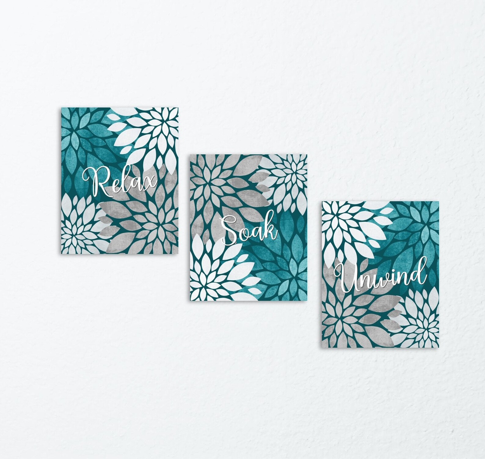 BATHROOM TEAL Wall Art 3 Piece Set Turquoise Gray Relax Soak Etsy