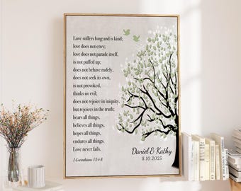 Love Is Patient, Tree Birds Art, Canvas Print Gift, Personalized Scripture Decor, Wedding Anniversary Present, Bible Verse Wall Hanging