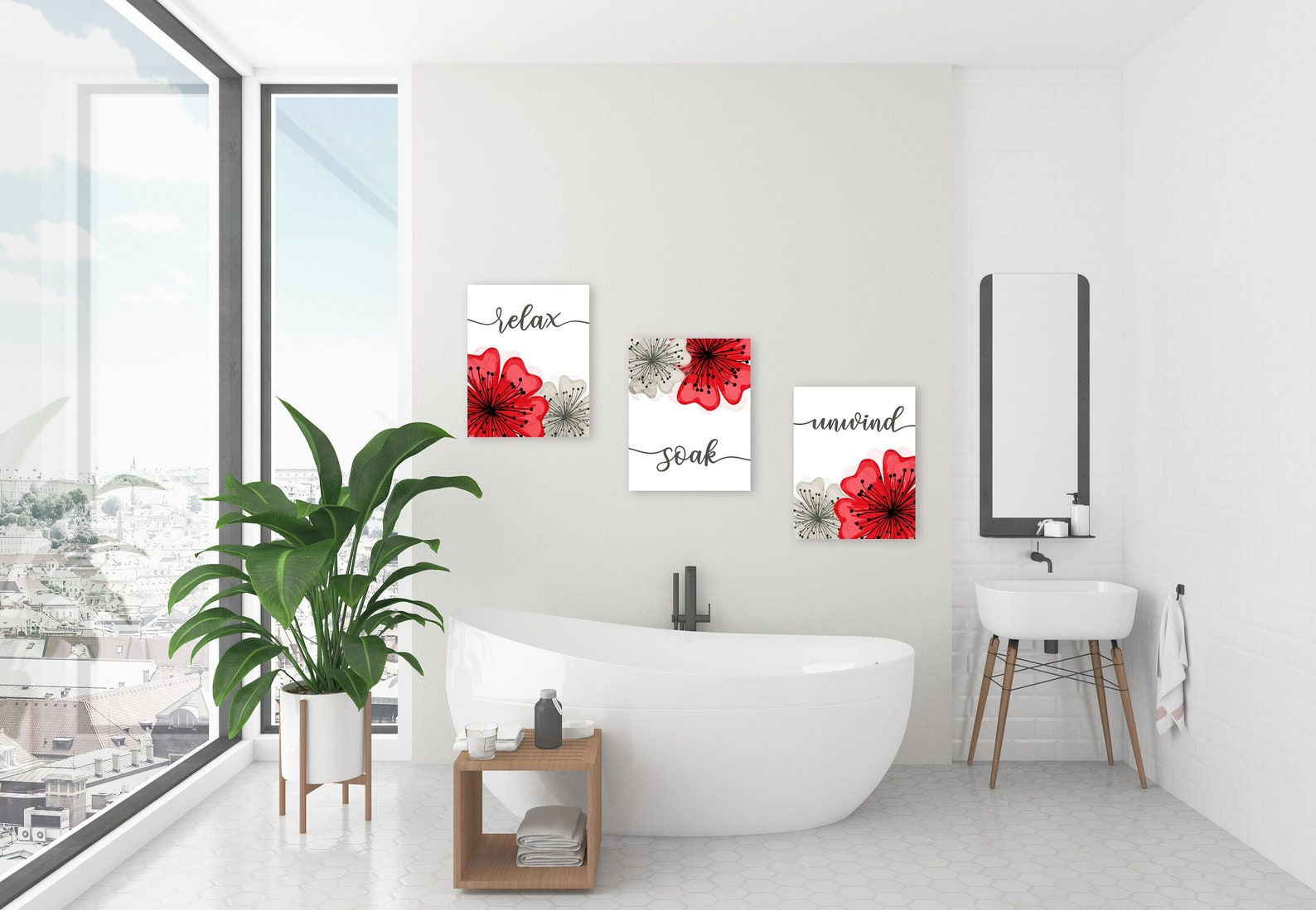 Red Gray BATHROOM Wall Decor-Art Flowers Botanical | Etsy
