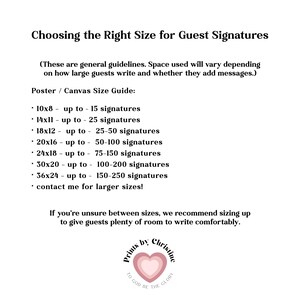 The image is a poster or canvas size guide that provides general guidelines for choosing the right size for guest signatures.