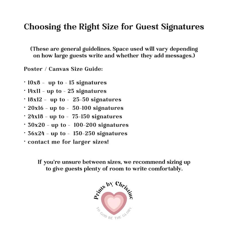 The image is a poster or canvas size guide that provides general guidelines for choosing the right size for guest signatures.