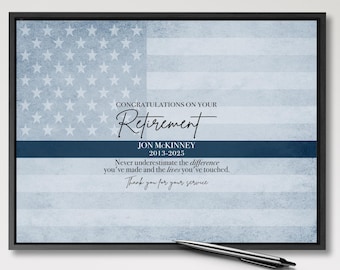 May include: A framed rectangular print featuring a faded American flag design in shades of light blue and white. The text reads: CONGRATULATIONS ON YOUR Retirement, JON MCKINNEY 2013-2025, Never underestimate the difference you've made and the lives you've touched. Thank you for your service.