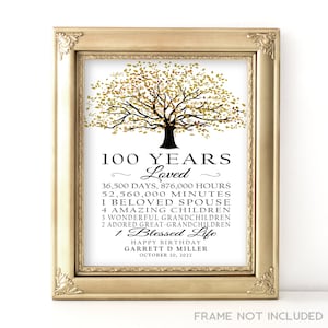100 anni di amore, regalo per il 100° compleanno, decorazione di compleanno personalizzata in bianco e oro, cartello stampabile con scritta "Buon compleanno, nonno, nonna, nonno"