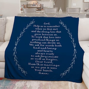 Marriage Blessing Prayer Personalized Wedding Blanket Gift for Christian Couple, Throw Blanket Gift Idea or Anniversary Gift Shown Navy