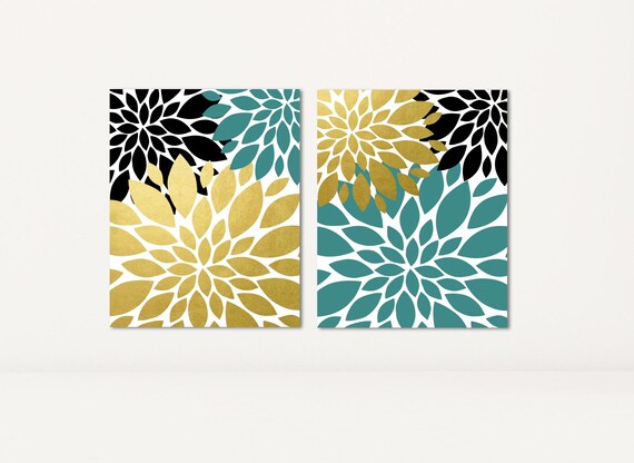 Black Teal Faux Gold Flower Burst Print Or Canvas Set Of 2 Large Wall Art Dahlia Petals Bathroom Decor Bedroom Art Wall Decor Custom