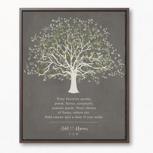 May include: A framed wall art print featuring a stylized tree with white and sage green leaves against a dark gray background. The text reads: Your favorite quote, poem, lyrics, scripture, custom poem. Your choice of fonts, colors etc. Add names and a date if you wish. Add Names 1-2-26.