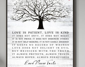 Religious Gift Framed Personalized,  Love is Patient 1 Corinthians, Artwork Bible Verse Birds Tree of Life, Canvas Print Wedding Anniversary