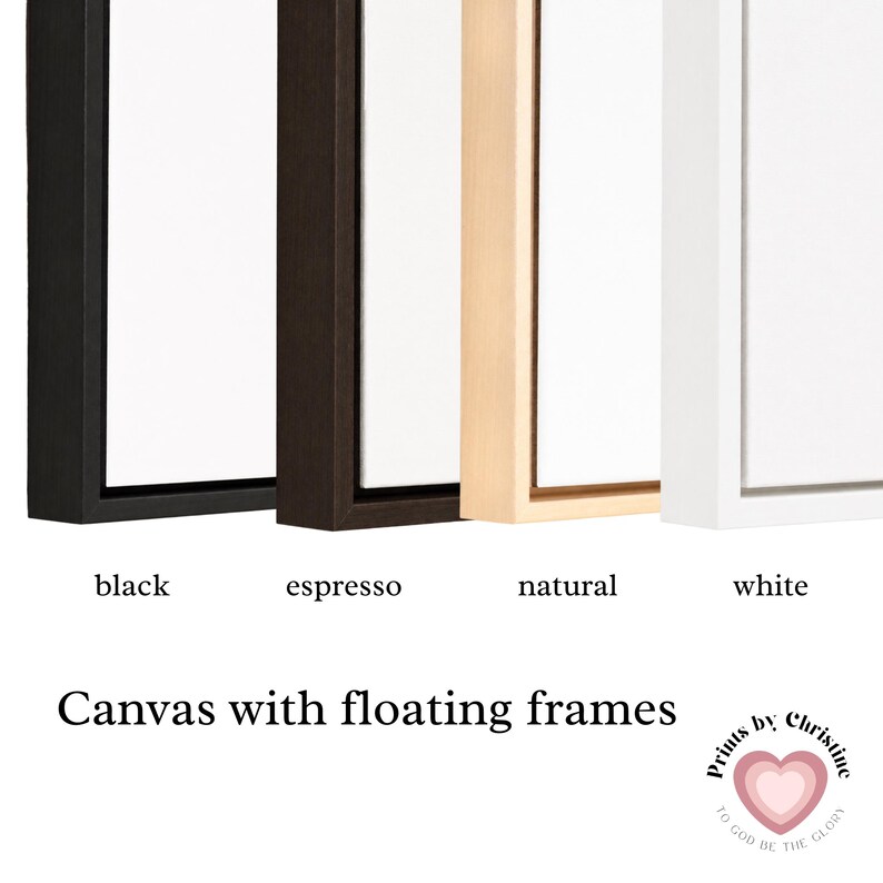 four different colored floating frames, each with a black, espresso, natural, and white frame. The text below the frames reads "Canvas with floating frames" and "Prints by Christi" with a heart symbol.
