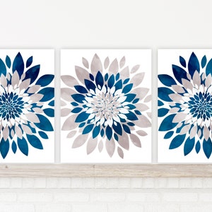 Blue Beige Abstract Flower Wall Decor, Watercolor Images, Prints or CANVAS, Set of 3, Bathroom, Bedroom, Flower Burst Artwork "PEACE"