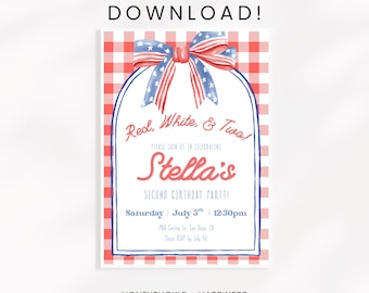 2nd Birthday Einladung zum 2.Geburtstag, Rot Weiß Blau, Canva Template (Digitaler Download)