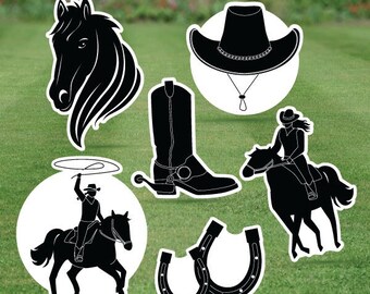 Siluetas de rodeo de caballos - Paquete de media hoja - Juego de tarjetas de jardín de 6 piezas