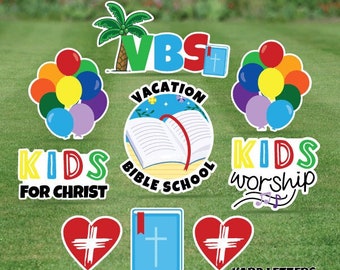 Escuela bíblica de vacaciones - Paquete de hojas completas - Juego de tarjetas de patio de 9 piezas