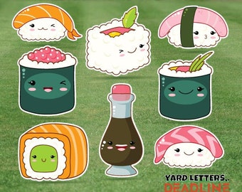 Kawaii Themed Sushi - Paquete de media hoja - Juego de tarjetas de patio de 8 piezas