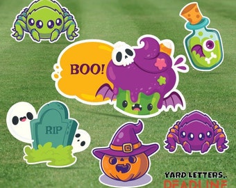 May include: A set of Halloween yard signs featuring a variety of spooky and cute characters, including a ghost, a spider, a cupcake, a pumpkin, a tombstone, and a potion bottle. The signs are printed on durable cardboard and are perfect for decorating your yard for Halloween.