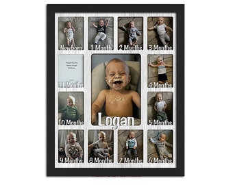 Baby First Year Personalized Frame - Holds Twelve 2.5" x 3.5" Newborn Photos and 5" x 7" One Year Picture,  (Modern 3/4 Black Frame)