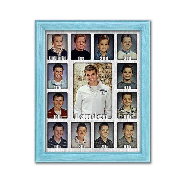 School Years Picture Frame - Personalized - Holds Twelve 2.5" x 3.5" School-Year Photos and 5" x 7" Graduation Picture (Aqua Frame)