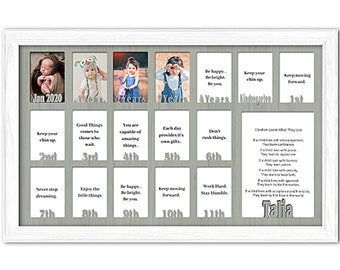 School Years Picture Frame - Personalized Name and Date - Full 18 Years - Holds Seventeen 2.5" x 3.5" and 5" x 7" Photos 12x20 White Frame