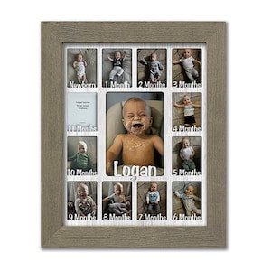 Marco personalizado &quot;Primer año de bebé&quot; - Capacidad para doce fotos de recién nacido de 6,35 x 8,9 cm y una foto de un año de 13,7 x 18 cm (marco gris madera de granero)