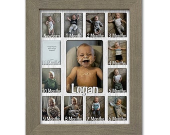 Baby First Year Personalized Frame - Holds Twelve 2.5" x 3.5" Newborn Photos and 5" x 7" One Year Picture (Barnwood Gray Frame)
