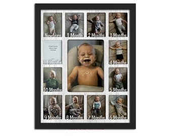Baby First Year Frame - (Non-Personalized) Holds Twelve 2.5" x 3.5" Newborn Photos and 5" x 7" One Year Picture, Nursery Gift Modern Frame